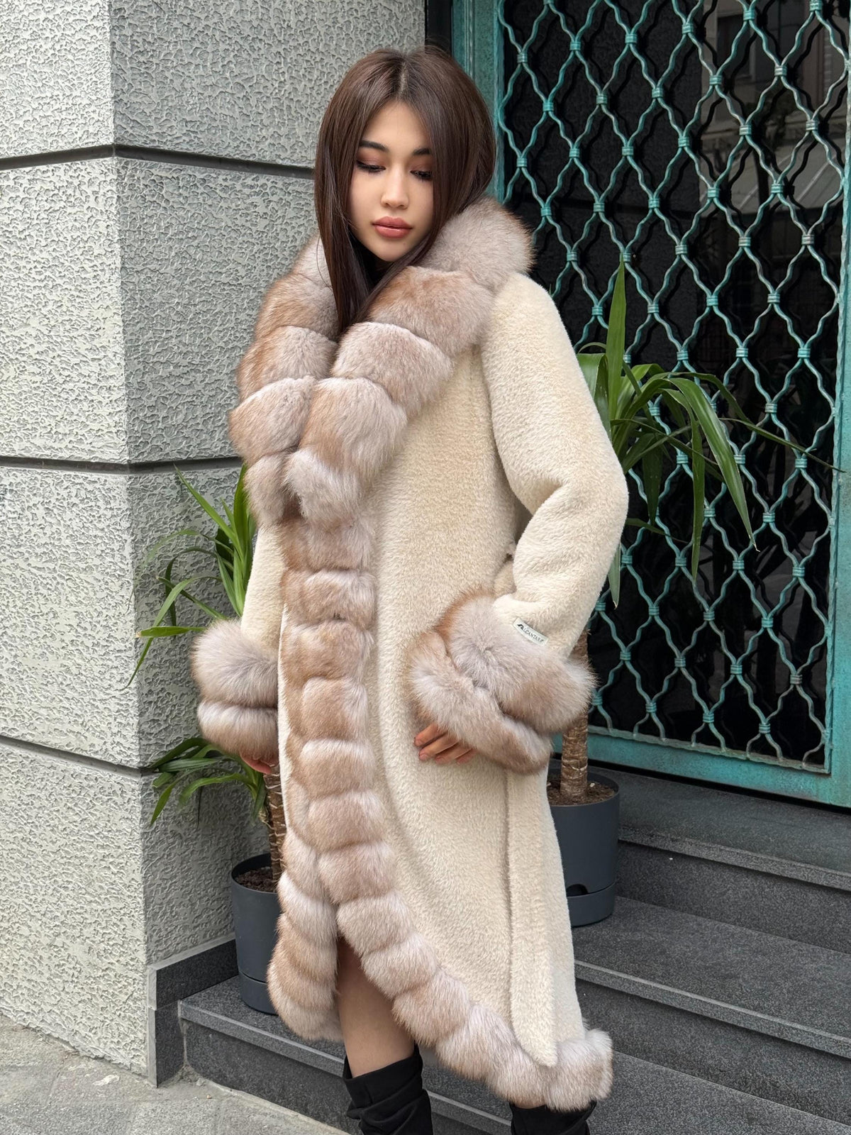 Beige Long Alcantara Coat, Front&Cuffs Fox Fur Jacket./ Women Fox Fur Jacket./ Long Fox Fur Coat./ Fox Fur