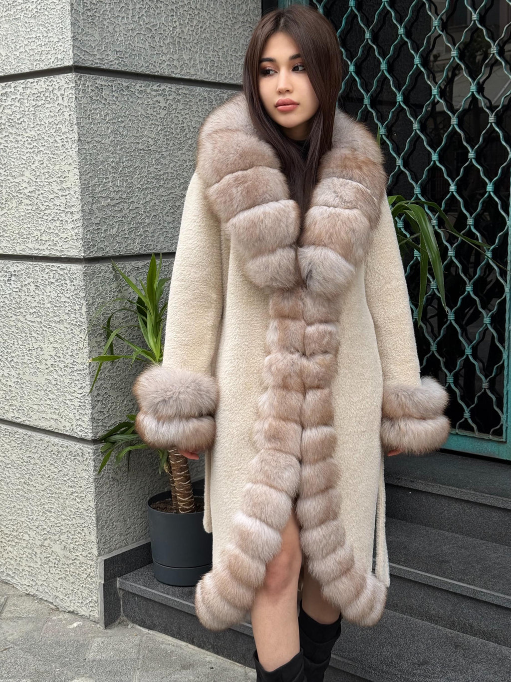 Beige Long Alcantara Coat, Front&Cuffs Fox Fur Jacket./ Women Fox Fur Jacket./ Long Fox Fur Coat./ Fox Fur