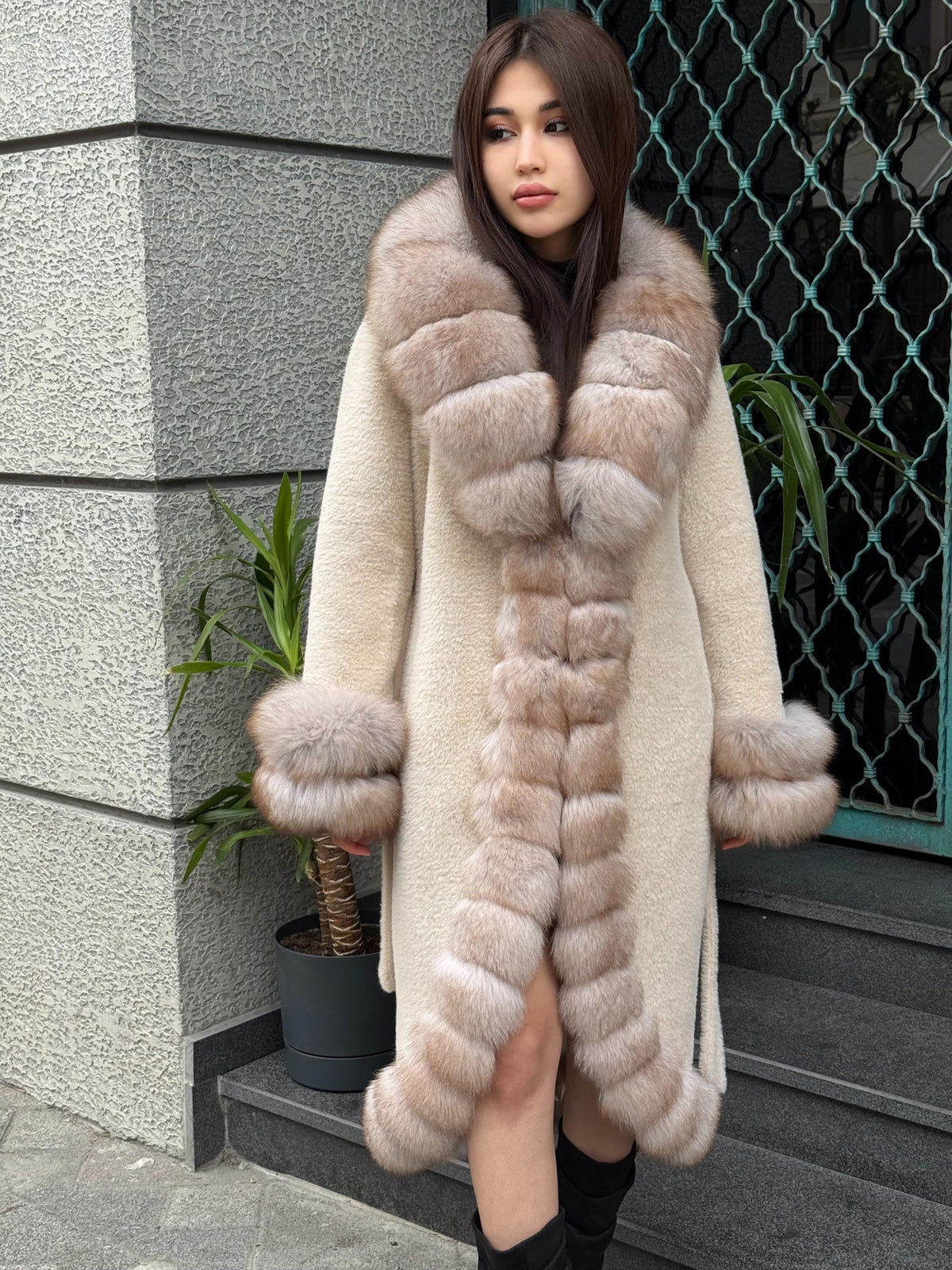 Beige Long Alcantara Coat, Front&Cuffs Fox Fur Jacket./ Women Fox Fur Jacket./ Long Fox Fur Coat./ Fox Fur