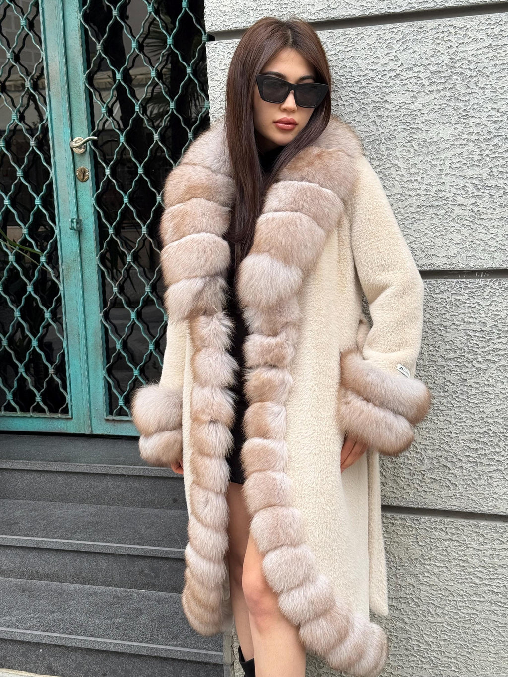 Beige Long Alcantara Coat, Front&Cuffs Fox Fur Jacket./ Women Fox Fur Jacket./ Long Fox Fur Coat./ Fox Fur