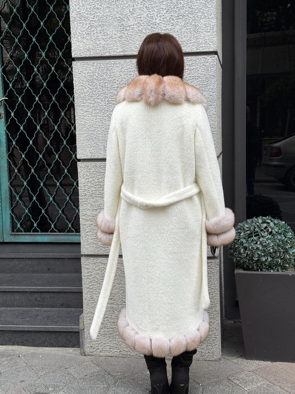 Long Ivory White Alcantara Coat. Front & Cuffs Fox Fur Jacket. Fox Fur Trim Coat
