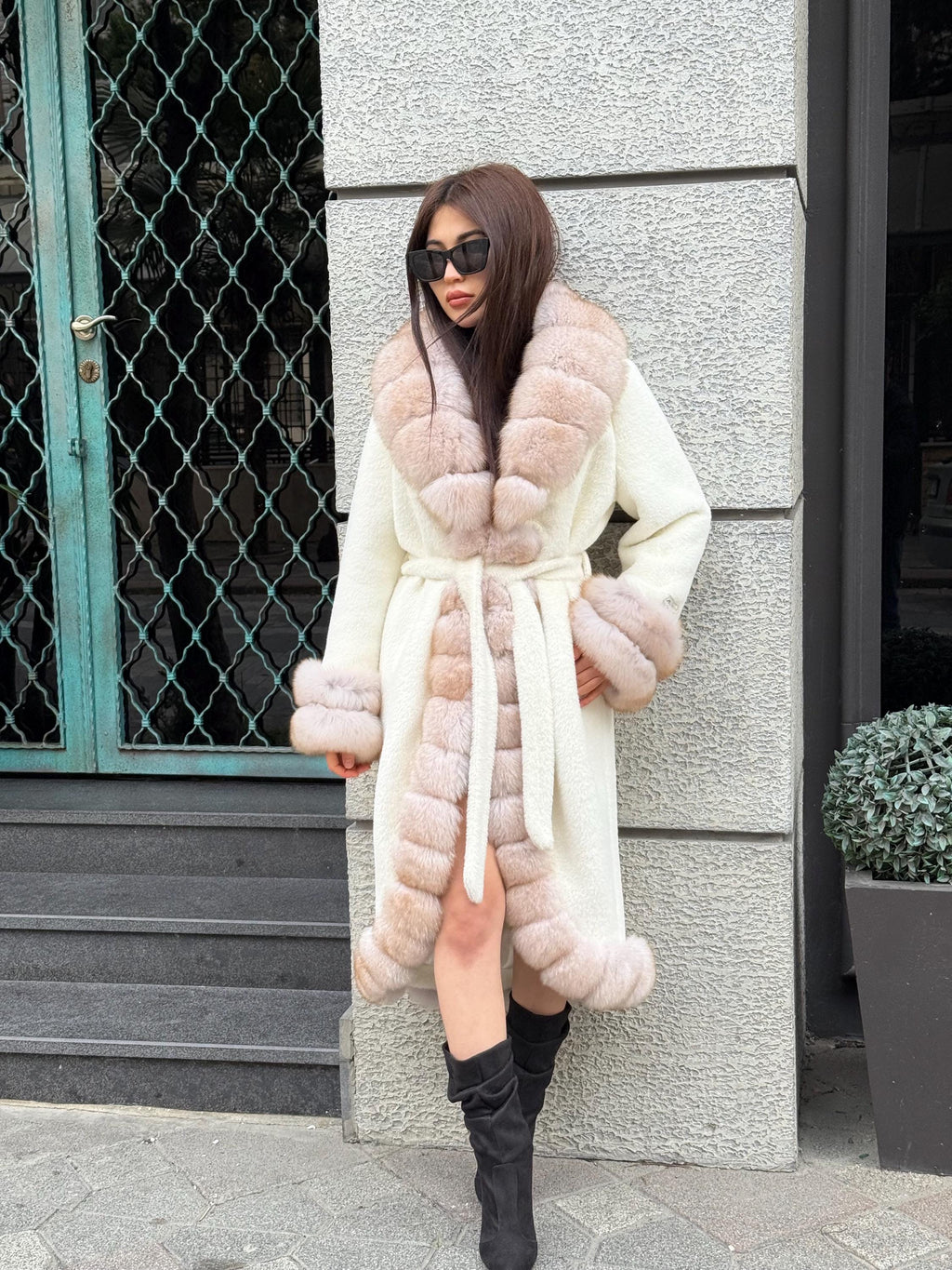 Long Ivory White Alcantara Coat. Front & Cuffs Fox Fur Jacket. Fox Fur Trim Coat