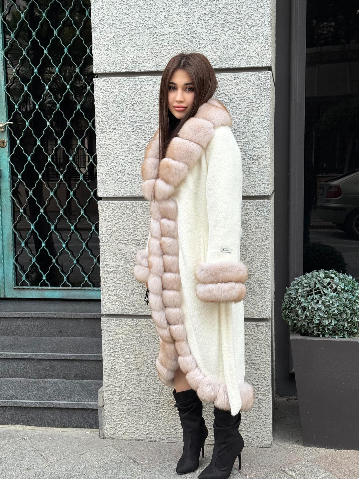Long Ivory White Alcantara Coat. Front & Cuffs Fox Fur Jacket. Fox Fur Trim Coat