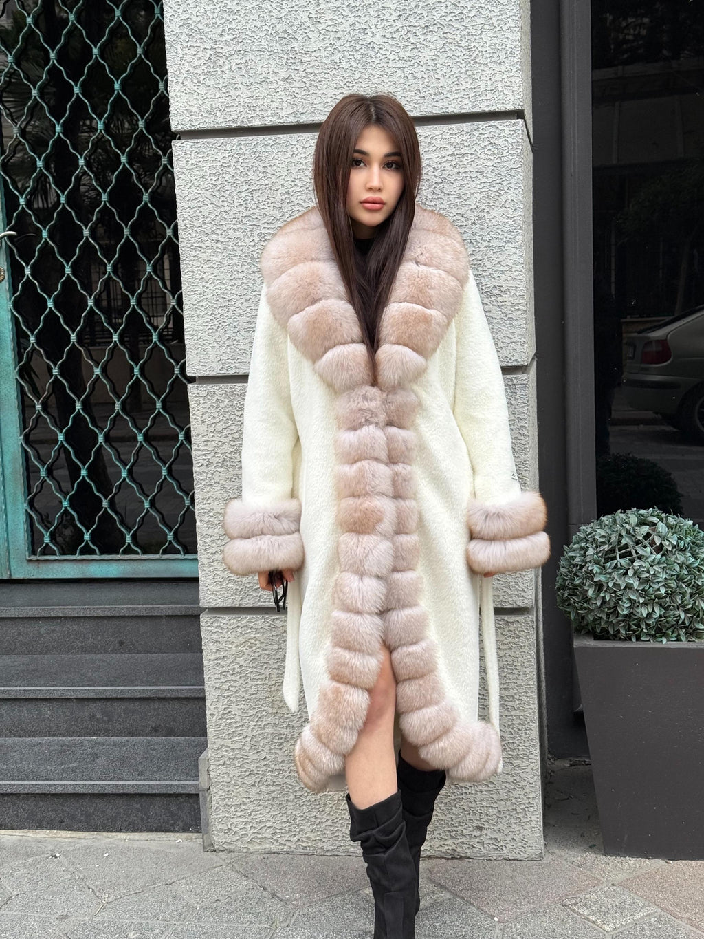 Long Ivory White Alcantara Coat. Front & Cuffs Fox Fur Jacket. Fox Fur Trim Coat