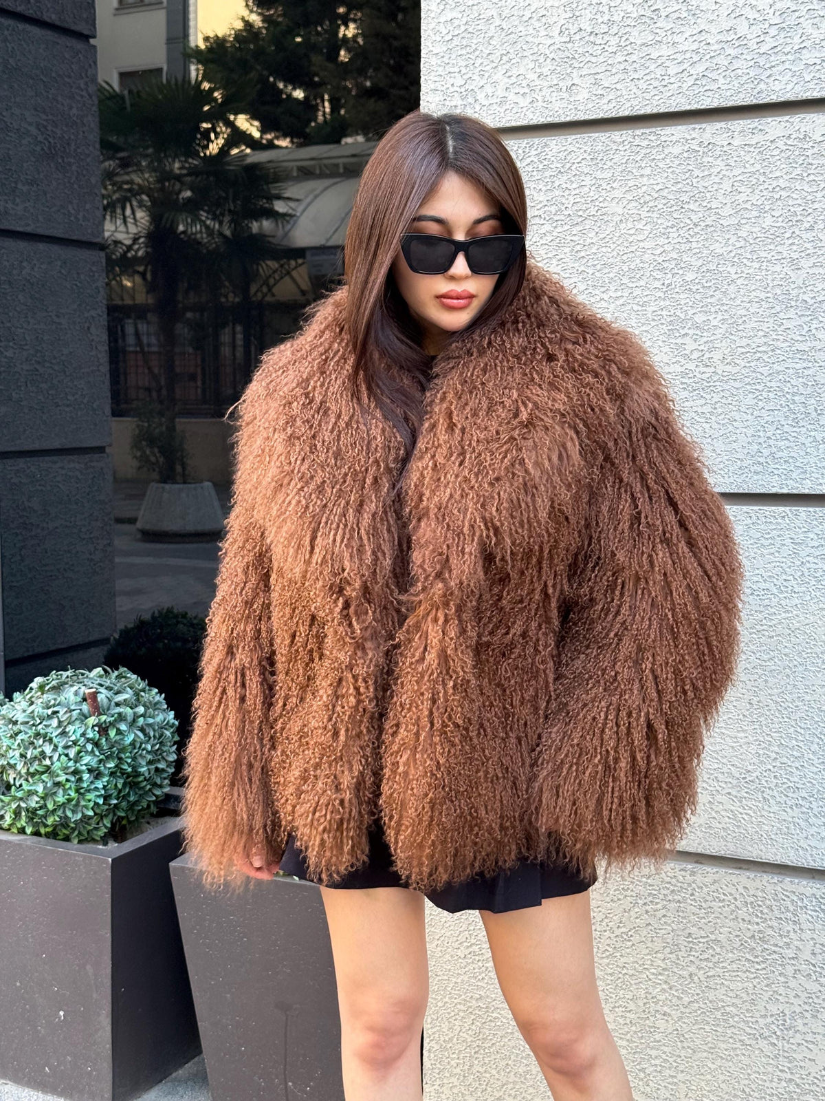 Women’s Brown Tibetan Fur Coat, Handmade Short Shaggy Mongolian Lamb Fur Jacket