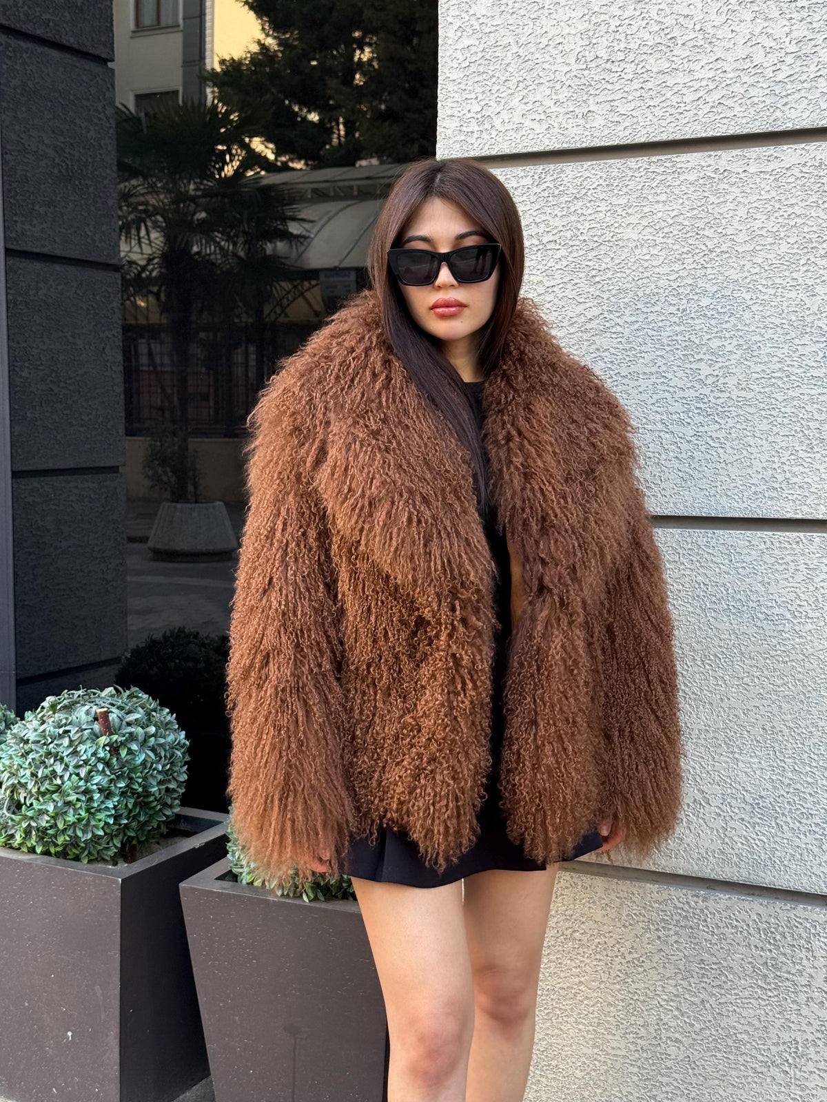 Women’s Brown Tibetan Fur Coat, Handmade Short Shaggy Mongolian Lamb Fur Jacket