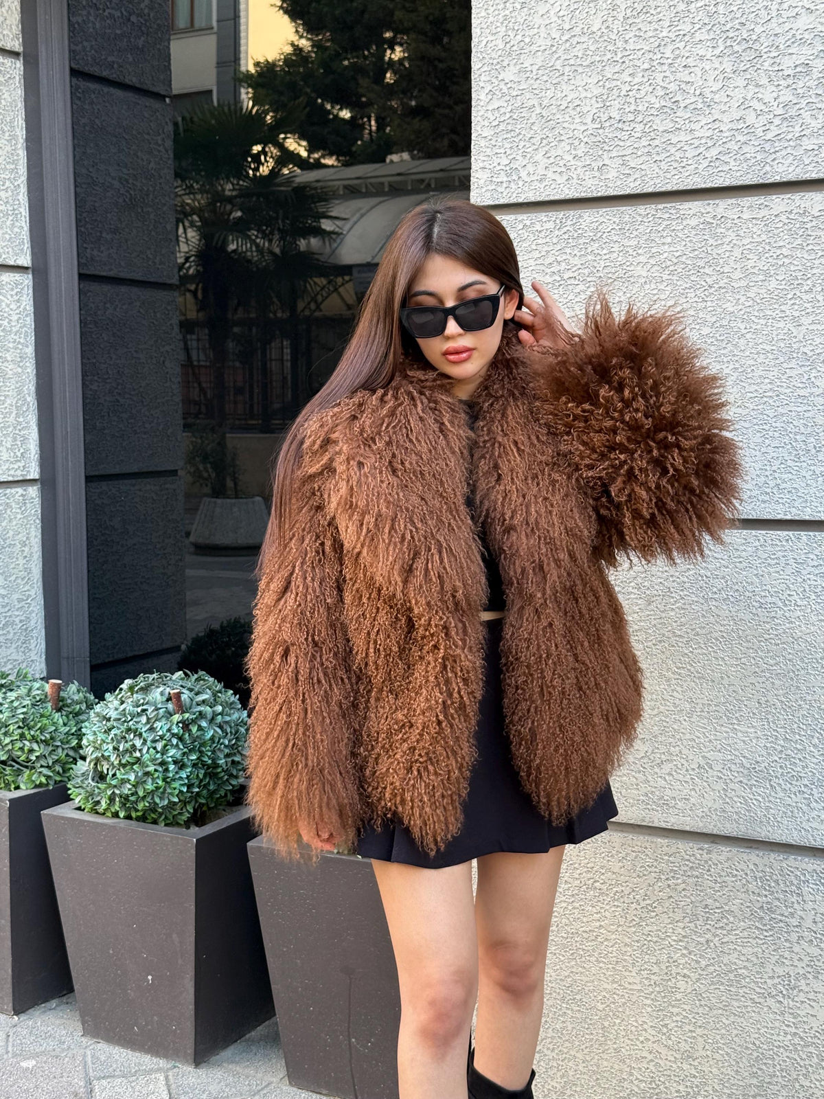 Women’s Brown Tibetan Fur Coat, Handmade Short Shaggy Mongolian Lamb Fur Jacket