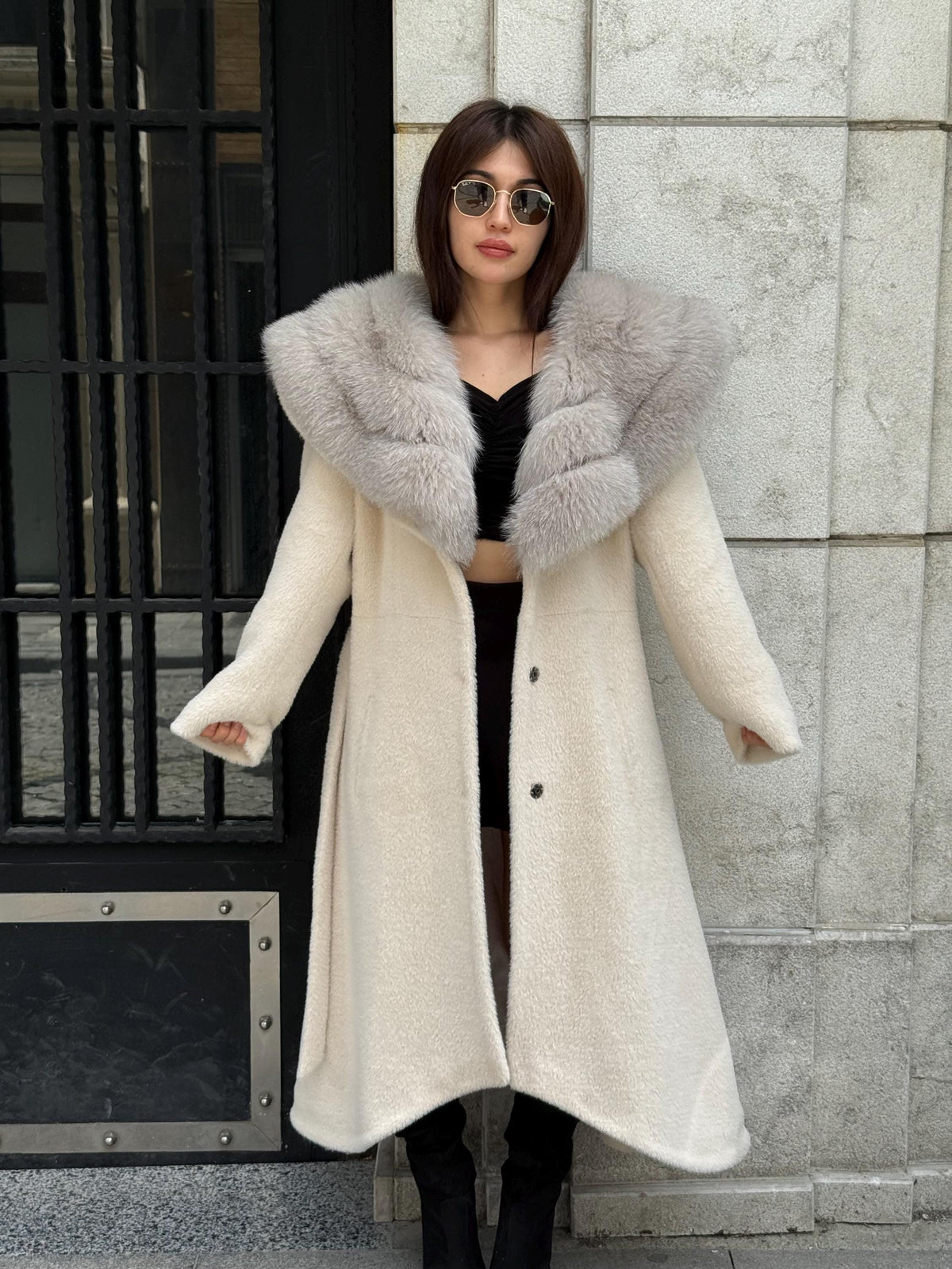 Beige Alcantara Coat, Collar Fox Fur Jacket, Flared Coat.— Beige Fox Fur.. Fox Fur