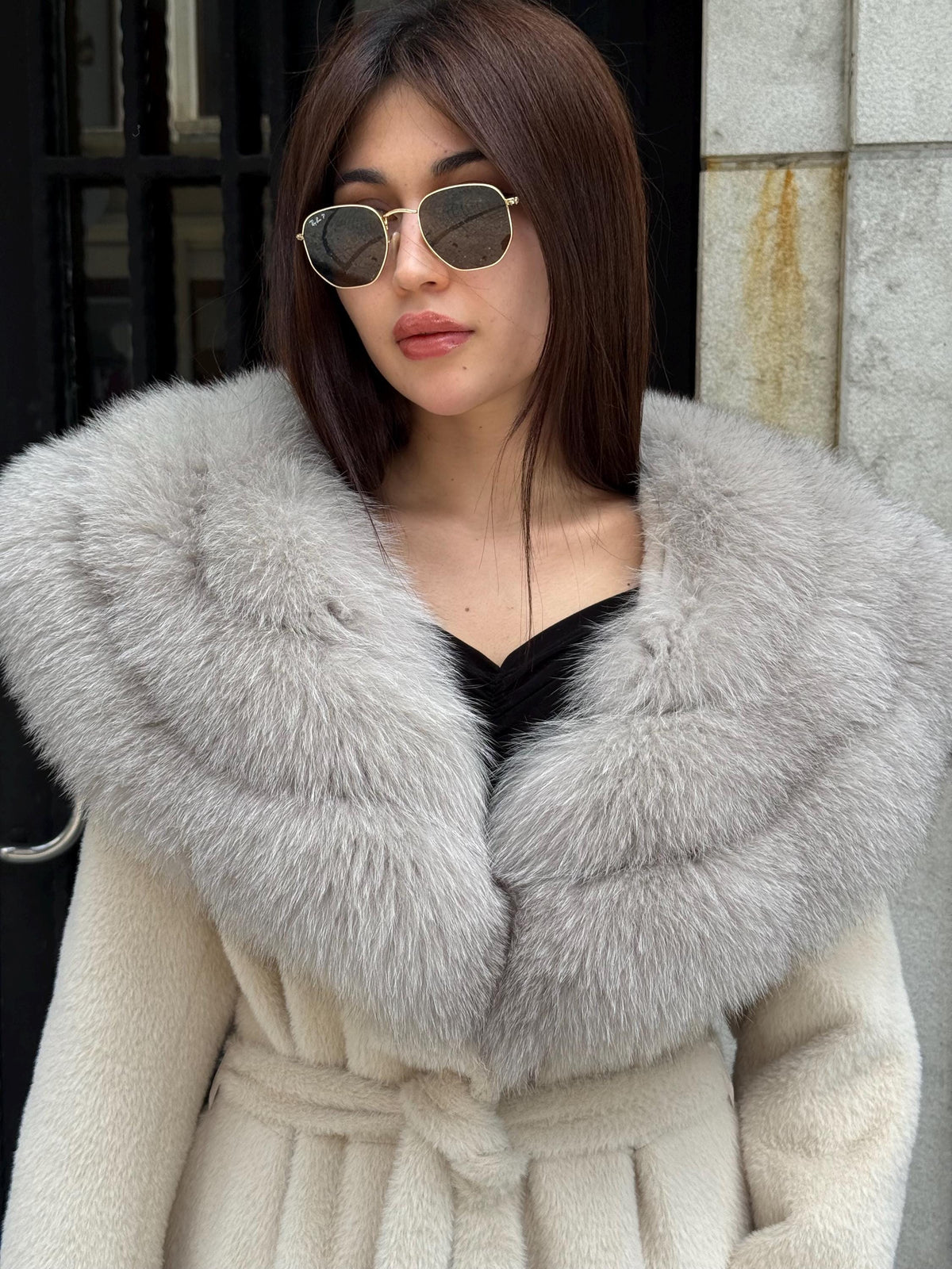 Beige Alcantara Coat, Collar Fox Fur Jacket, Flared Coat.— Beige Fox Fur.. Fox Fur