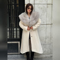 Beige Alcantara Coat, Collar Fox Fur Jacket, Flared Coat.— Beige Fox Fur.. Fox Fur