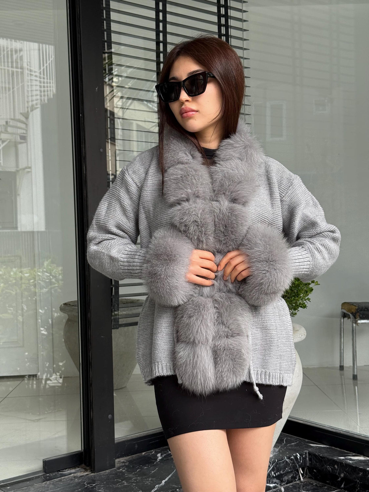 Gray Handmade Women Luxury Knit Cardigan with Fox Fur Jacket Trim –Handcrafted Short Knitwear jacket– Elegant Cable Knit Outerwear for Women