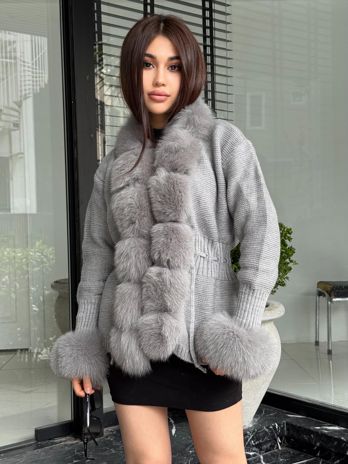 Gray Handmade Women Luxury Knit Cardigan with Fox Fur Jacket Trim –Handcrafted Short Knitwear jacket– Elegant Cable Knit Outerwear for Women