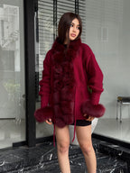 Burgundy Handmade Women Luxury Knit Cardigan with Fox Fur Jacket –Handcrafted Short Knitwear jacket – Elegant Cable Knit Outerwear for Women
