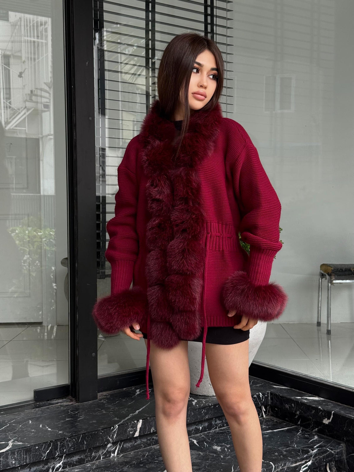 Burgundy Handmade Women Luxury Knit Cardigan with Fox Fur Jacket –Handcrafted Short Knitwear jacket – Elegant Cable Knit Outerwear for Women