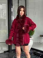 Burgundy Handmade Women Luxury Knit Cardigan with Fox Fur Jacket –Handcrafted Short Knitwear jacket – Elegant Cable Knit Outerwear for Women