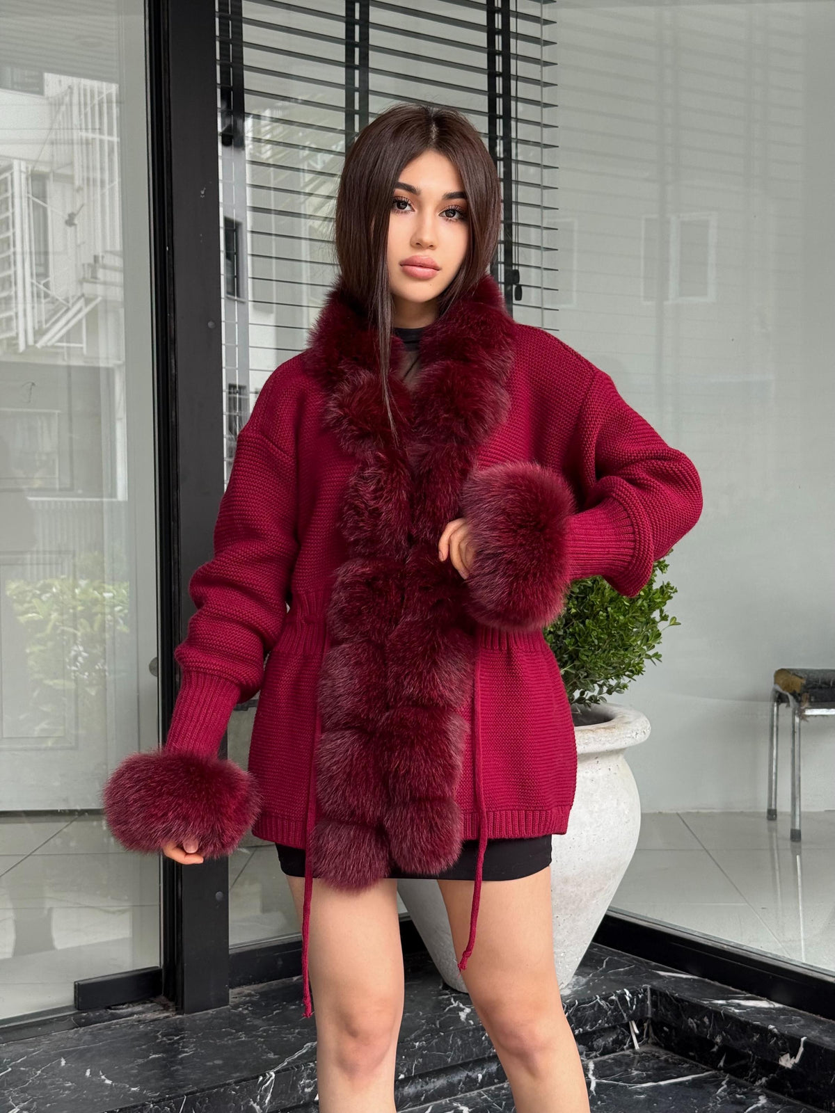 Burgundy Handmade Women Luxury Knit Cardigan with Fox Fur Jacket –Handcrafted Short Knitwear jacket – Elegant Cable Knit Outerwear for Women
