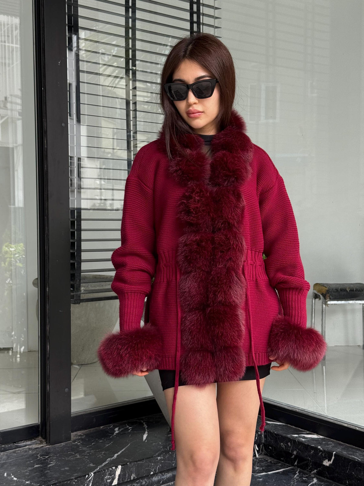 Burgundy Handmade Women Luxury Knit Cardigan with Fox Fur Jacket –Handcrafted Short Knitwear jacket – Elegant Cable Knit Outerwear for Women