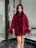 Burgundy Handmade Women Luxury Knit Cardigan with Fox Fur Jacket –Handcrafted Short Knitwear jacket – Elegant Cable Knit Outerwear for Women