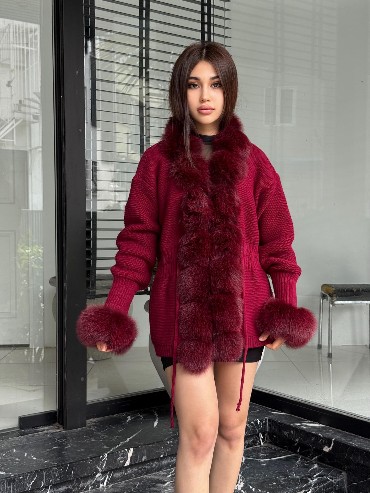 Burgundy Handmade Women Luxury Knit Cardigan with Fox Fur Jacket –Handcrafted Short Knitwear jacket – Elegant Cable Knit Outerwear for Women