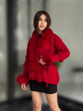 Red Women Short Knit Cardigan , Front Fox Fur Jacket