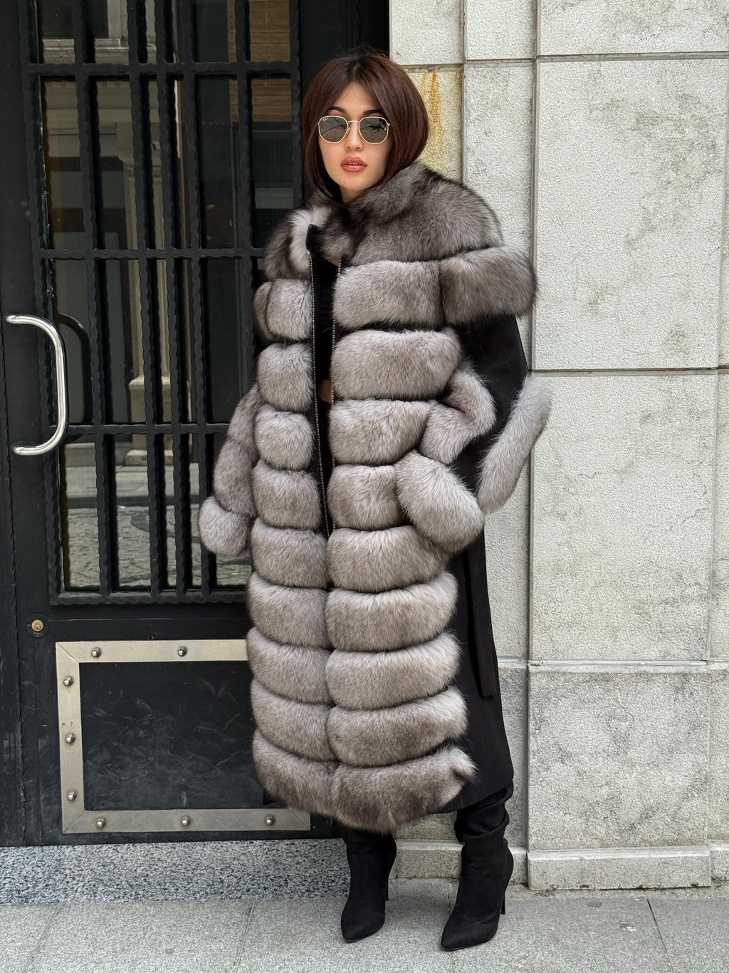 Long Gray Fox Fur Jacket, Black Cashmere Coat.- Women Fox Fur Jacket..- Front Fox Fur Coat… Fox Fur