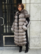 Long Gray Fox Fur Jacket, Black Cashmere Coat.- Women Fox Fur Jacket..- Front Fox Fur Coat… Fox Fur