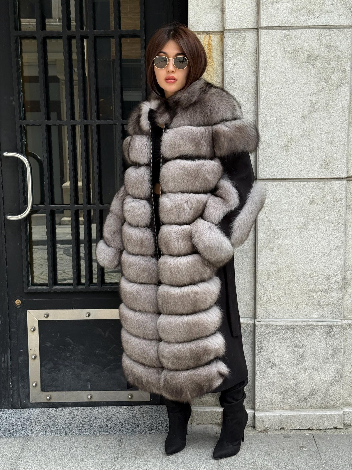 Long Gray Fox Fur Jacket, Black Cashmere Coat.- Women Fox Fur Jacket..- Front Fox Fur Coat… Fox Fur