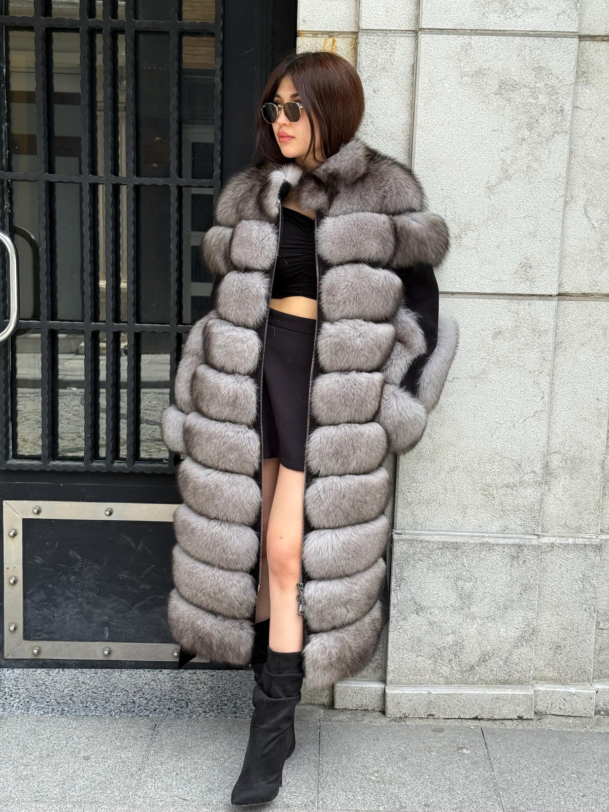 Long Gray Fox Fur Jacket, Black Cashmere Coat.- Women Fox Fur Jacket..- Front Fox Fur Coat… Fox Fur