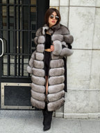 Long Gray Fox Fur Jacket, Black Cashmere Coat.- Women Fox Fur Jacket..- Front Fox Fur Coat… Fox Fur