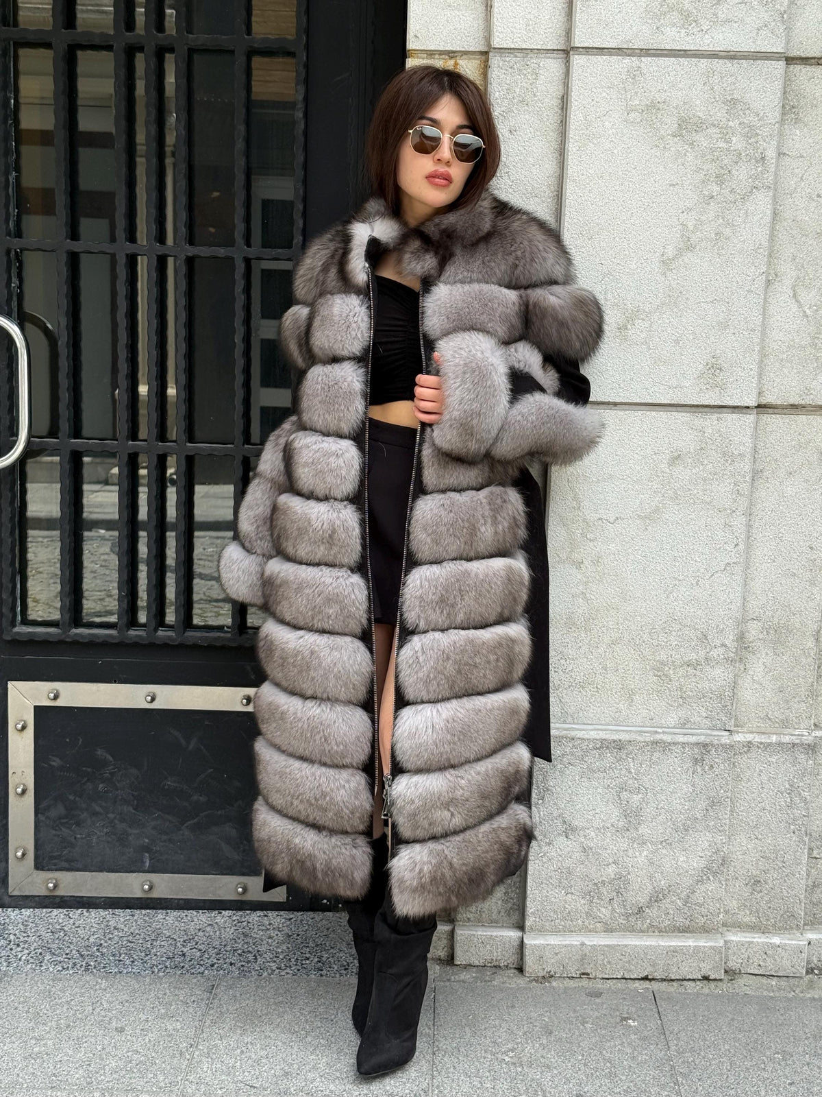 Long Gray Fox Fur Jacket, Black Cashmere Coat.- Women Fox Fur Jacket..- Front Fox Fur Coat… Fox Fur