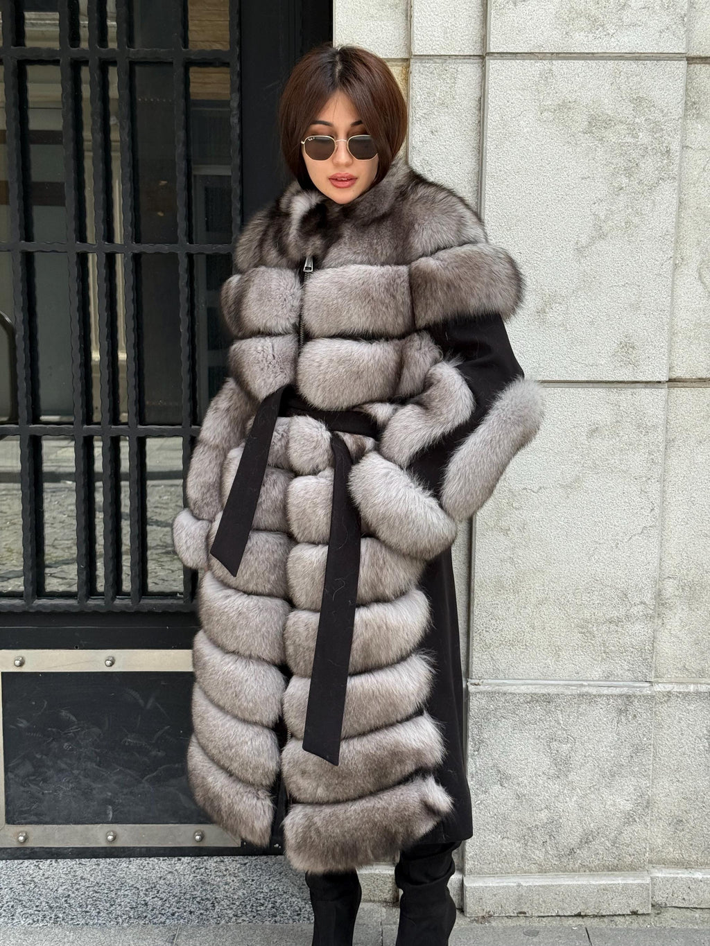 Long Gray Fox Fur Jacket, Black Cashmere Coat.- Women Fox Fur Jacket..- Front Fox Fur Coat… Fox Fur