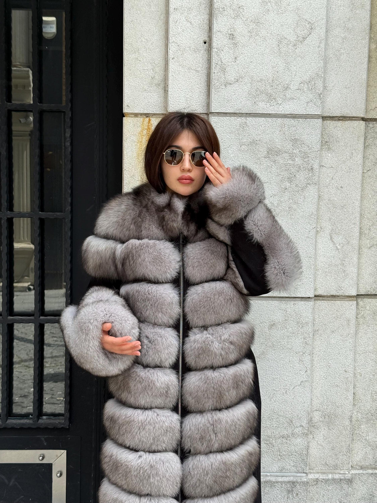 Long Gray Fox Fur Jacket, Black Cashmere Coat.- Women Fox Fur Jacket..- Front Fox Fur Coat… Fox Fur