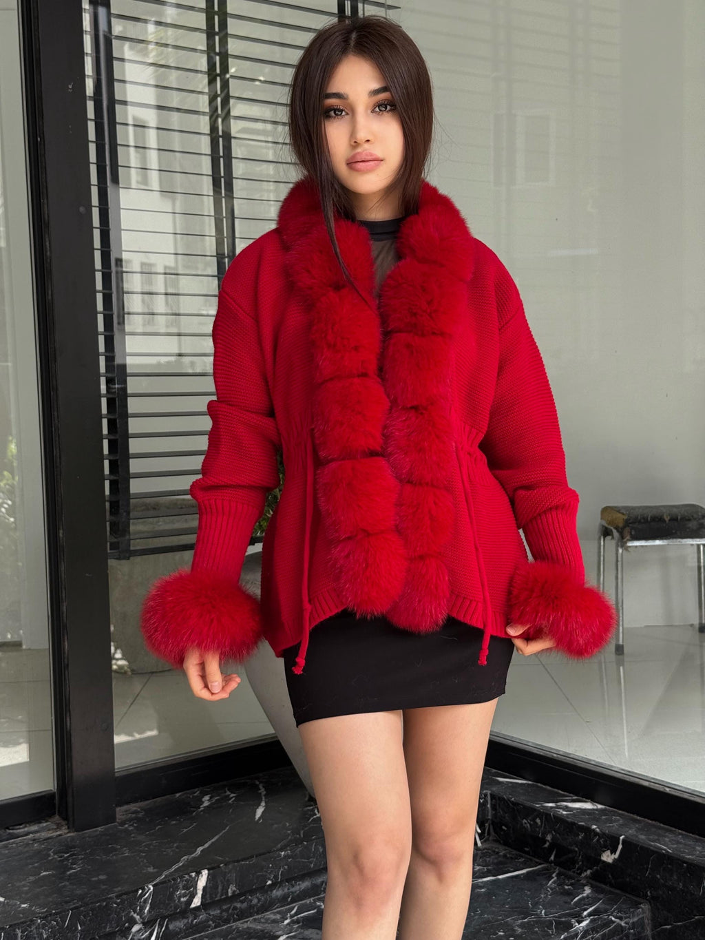 Red Women Short Knit Cardigan , Front Fox Fur Jacket