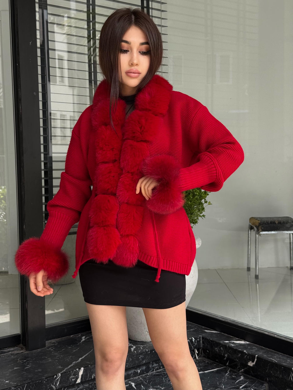 Red Women Short Knit Cardigan , Front Fox Fur Jacket