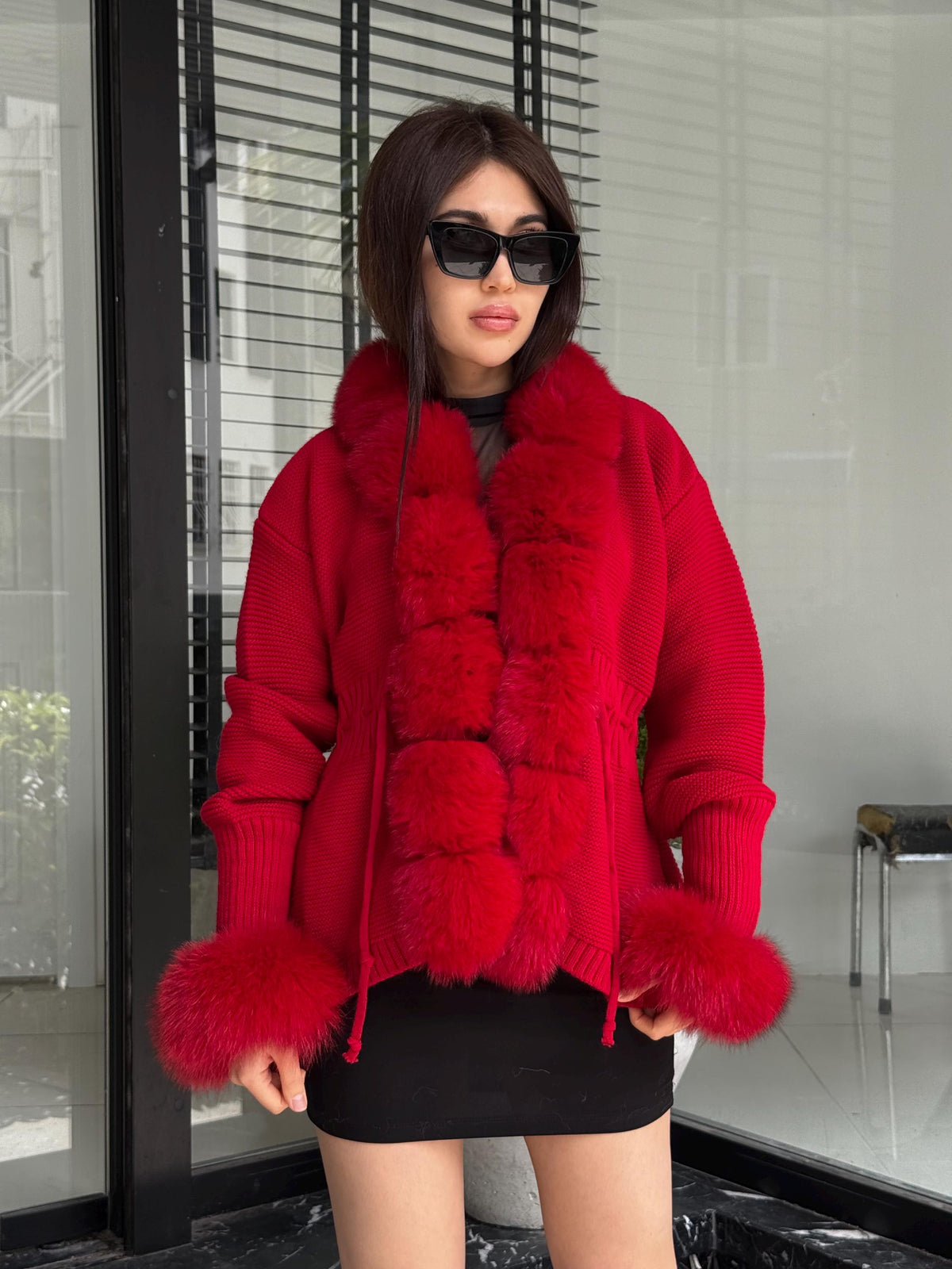 Red Women Short Knit Cardigan , Front Fox Fur Jacket