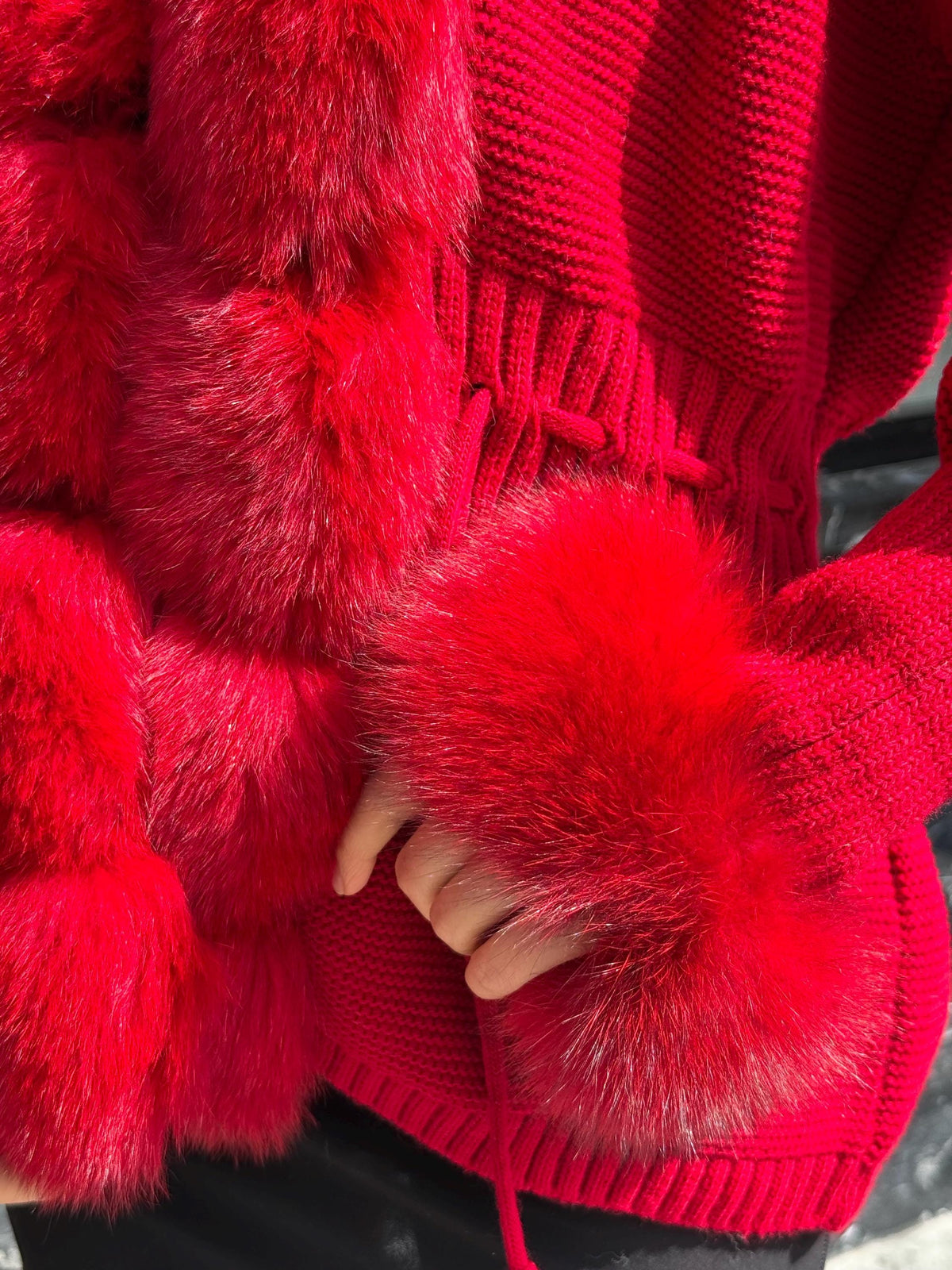 Red Women Short Knit Cardigan , Front Fox Fur Jacket