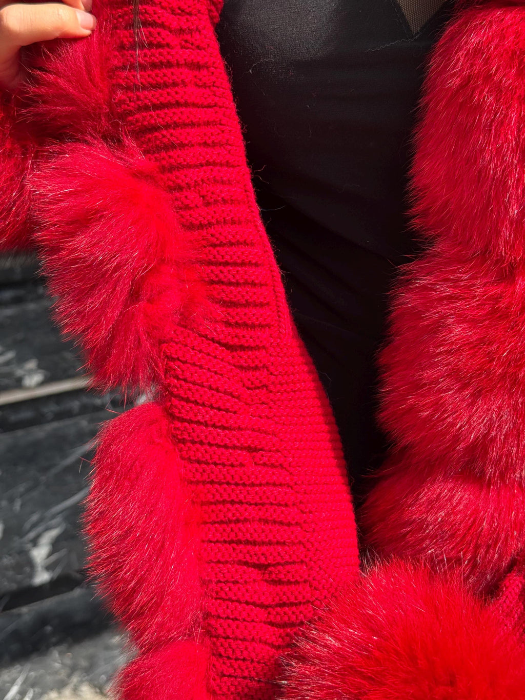 Red Women Short Knit Cardigan , Front Fox Fur Jacket