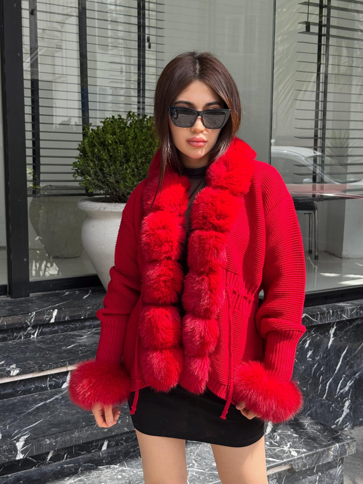 Red Women Short Knit Cardigan , Front Fox Fur Jacket