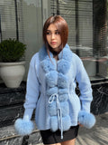 Sky Blue Handmade Women Luxury Knit Cardigan with Fox Fur Jacket –Handcrafted Short Knitwear jacket –Elegant Cable Knit Outerwear for Women