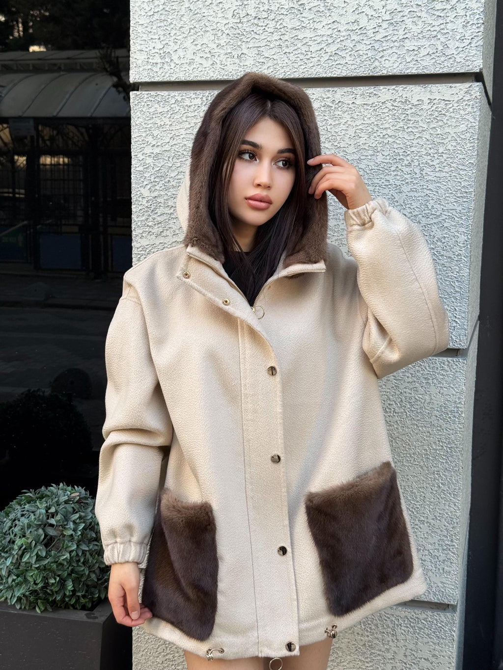 Beige Women’s Zibellino Alpaca Jacket, Short Hood Pocket Mink Fur Trim Virgin Wool Coat