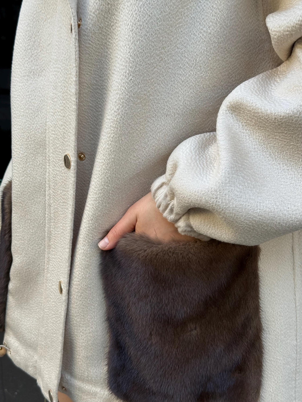 Beige Women’s Zibellino Alpaca Jacket, Short Hood Pocket Mink Fur Trim Virgin Wool Coat
