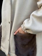 Beige Women’s Zibellino Alpaca Jacket, Short Hood Pocket Mink Fur Trim Virgin Wool Coat