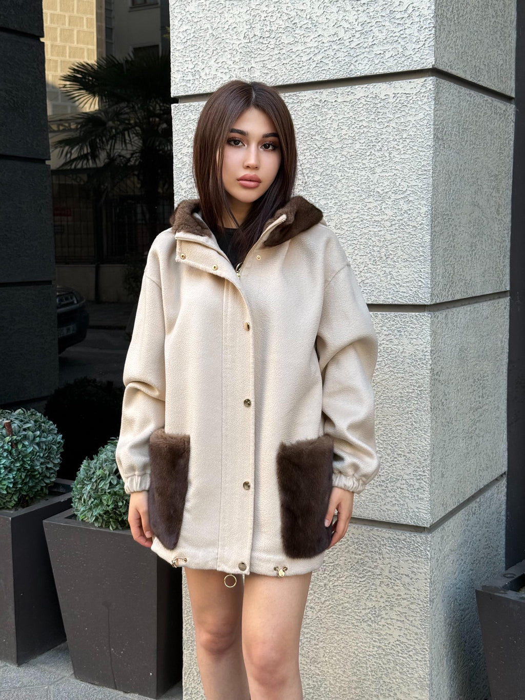 Beige Women’s Zibellino Alpaca Jacket, Short Hood Pocket Mink Fur Trim Virgin Wool Coat