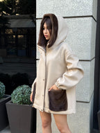 Beige Women’s Zibellino Alpaca Jacket, Short Hood Pocket Mink Fur Trim Virgin Wool Coat