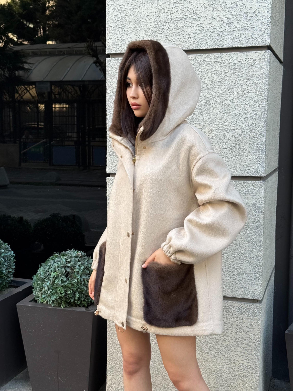 Beige Women’s Zibellino Alpaca Jacket, Short Hood Pocket Mink Fur Trim Virgin Wool Coat