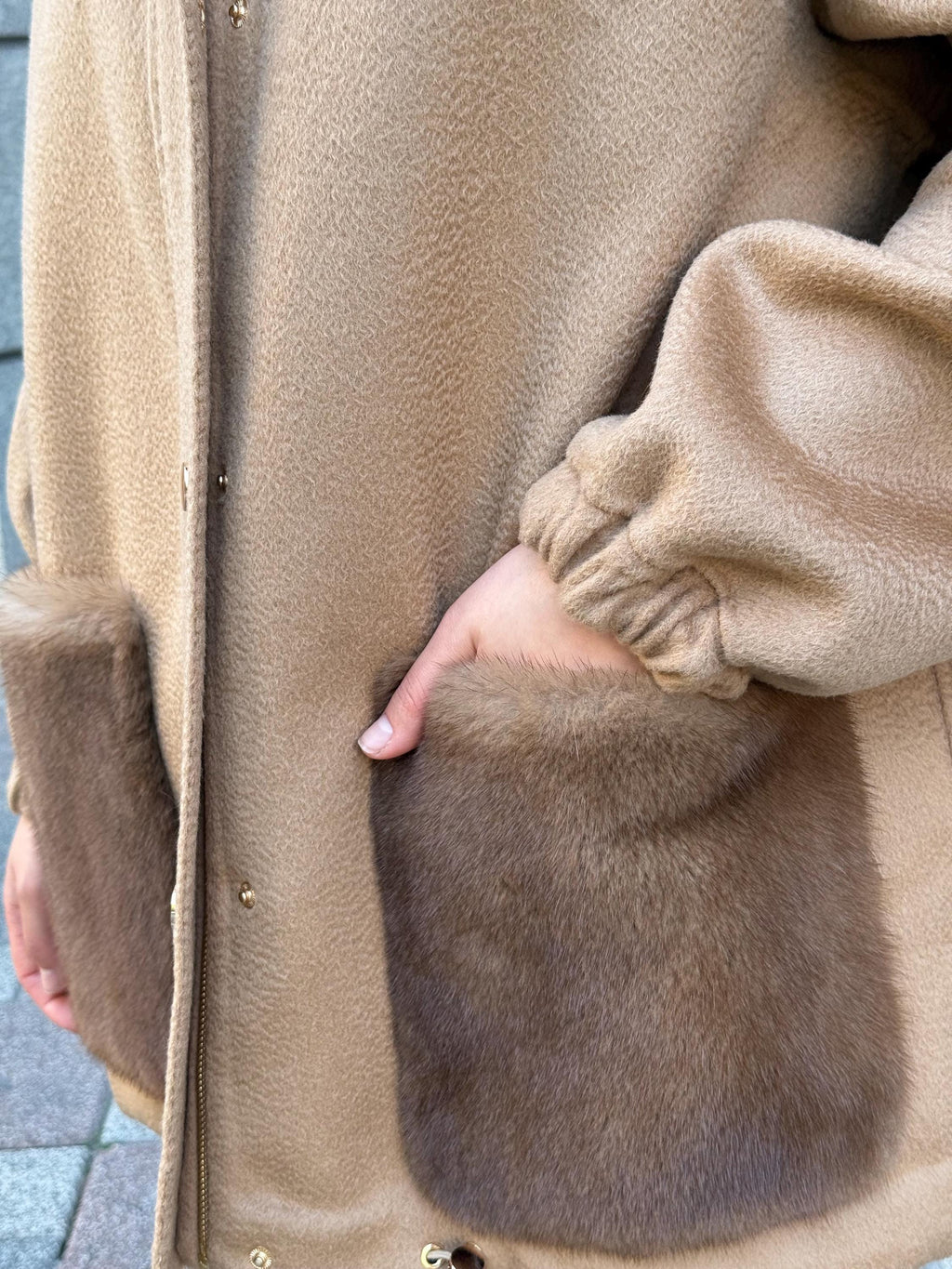 Camel Women’s Zibellino Alpaca Jacket, Short Hood Pocket Mink Fur Trim Virgin Wool Coat