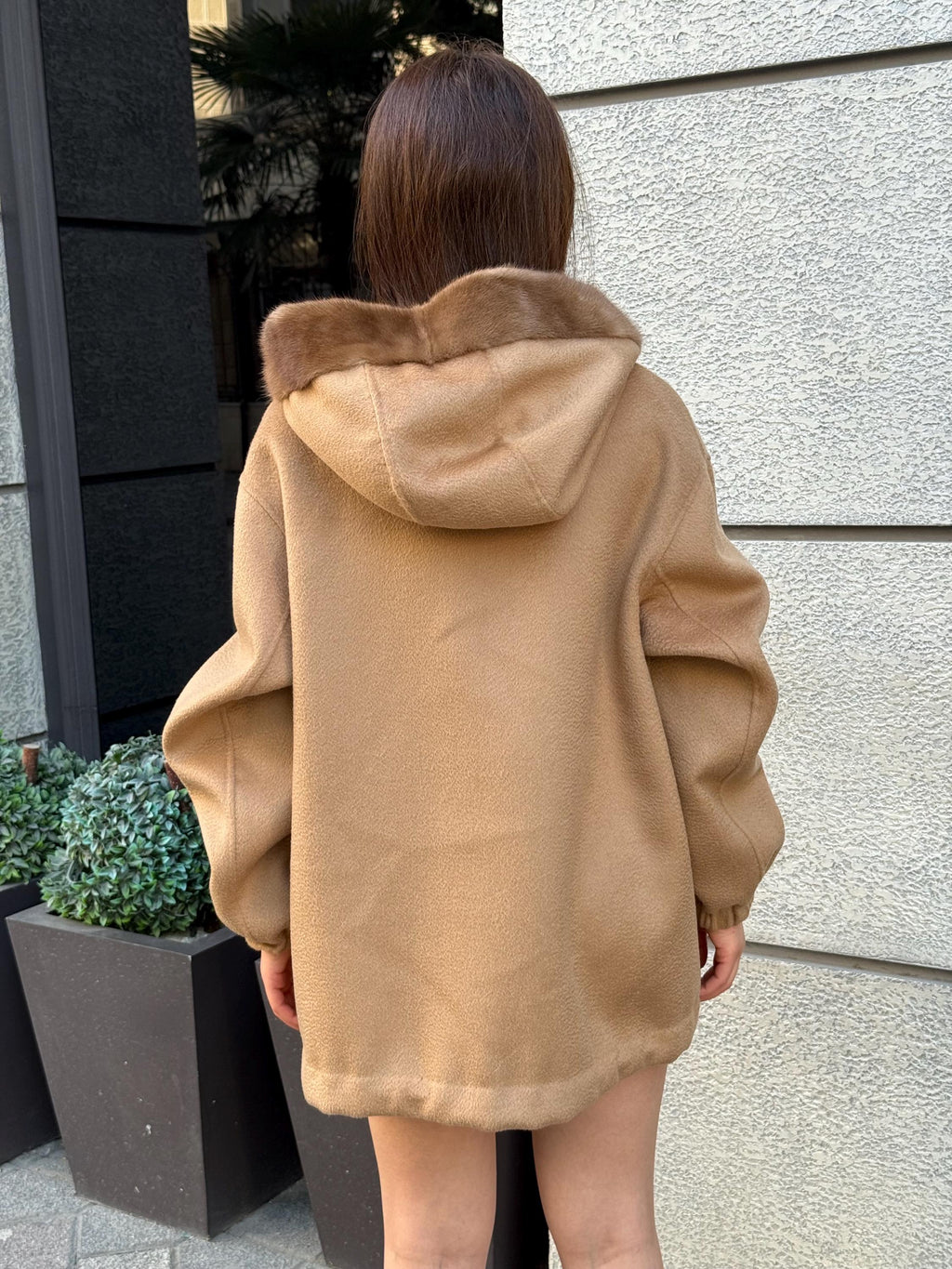 Camel Women’s Zibellino Alpaca Jacket, Short Hood Pocket Mink Fur Trim Virgin Wool Coat