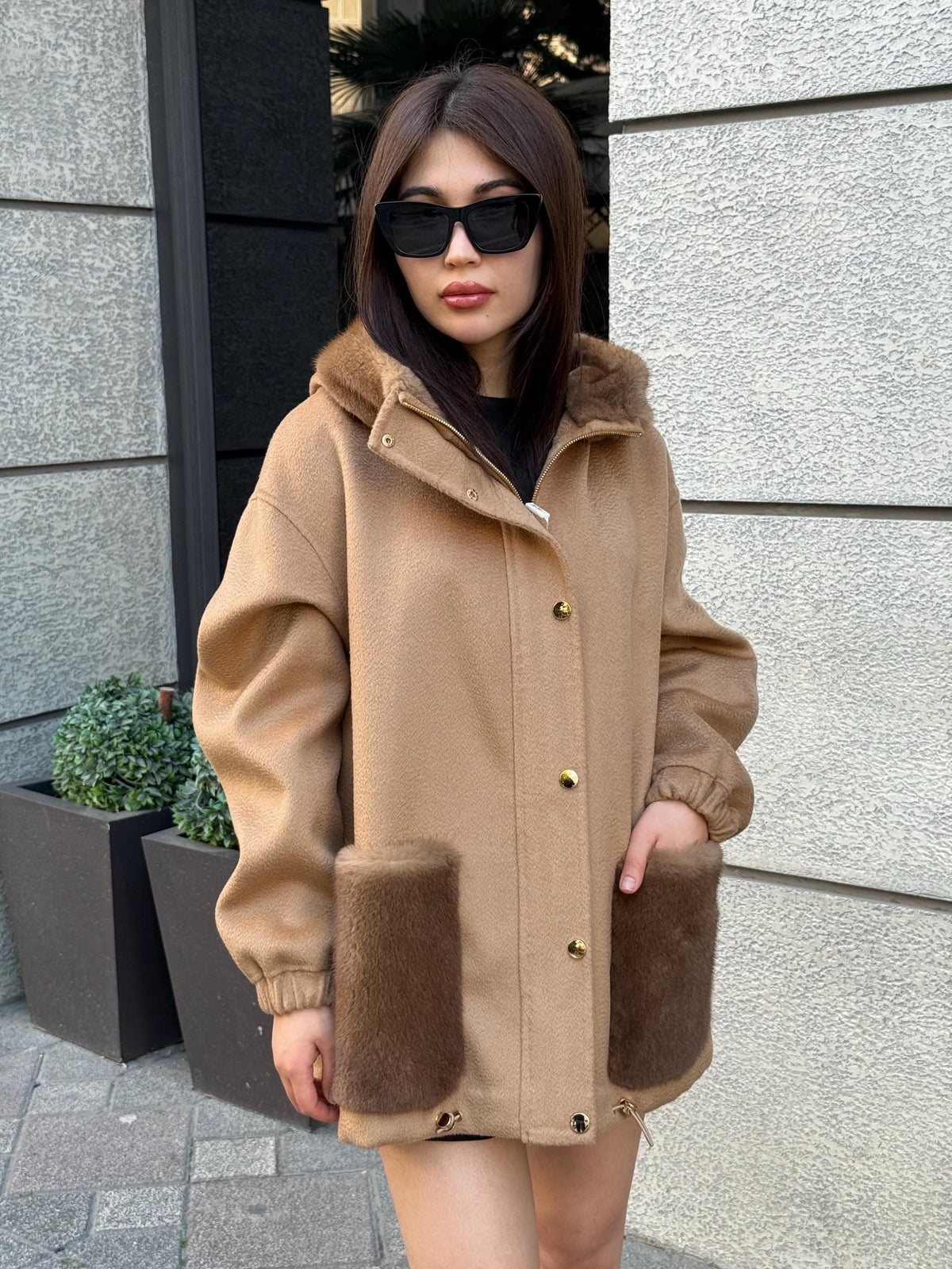 Camel Women’s Zibellino Alpaca Jacket, Short Hood Pocket Mink Fur Trim Virgin Wool Coat