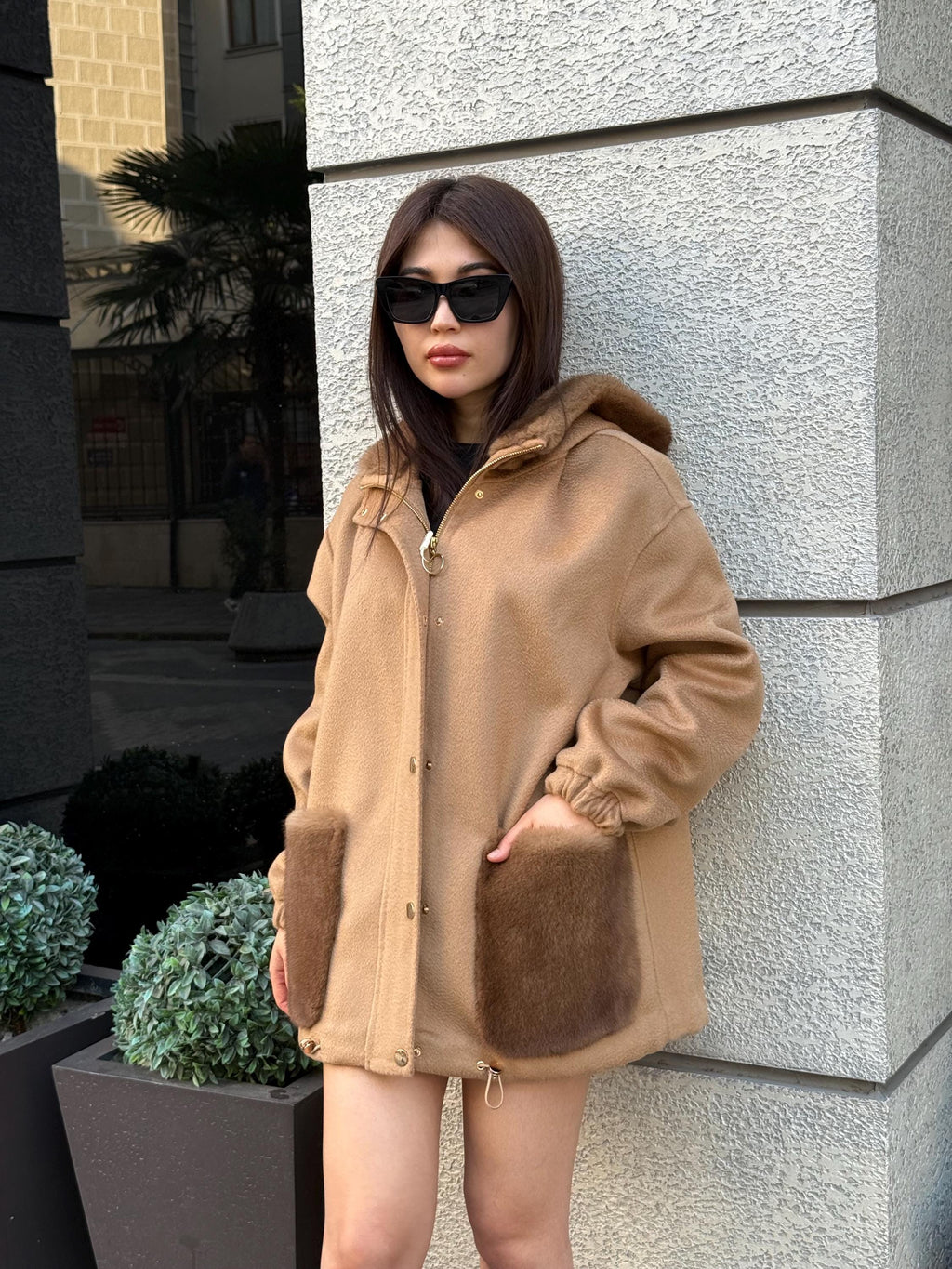 Camel Women’s Zibellino Alpaca Jacket, Short Hood Pocket Mink Fur Trim Virgin Wool Coat