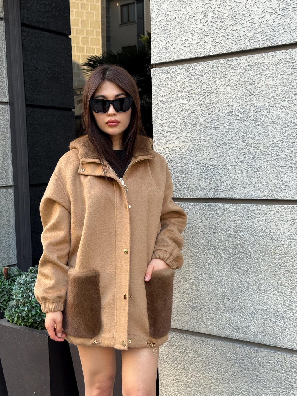 Camel Women’s Zibellino Alpaca Jacket, Short Hood Pocket Mink Fur Trim Virgin Wool Coat